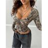 image:imageGORGLITTER Womens Y2k Camo Print Ruched Tee Top V Neck Long Sleeve Slim T ShirtsGreen Multicolor