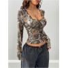 image:imageGORGLITTER Womens Y2k Camo Print Ruched Tee Top V Neck Long Sleeve Slim T ShirtsGreen Multicolor