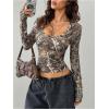 image:imageGORGLITTER Womens Y2k Camo Print Ruched Tee Top V Neck Long Sleeve Slim T ShirtsGreen Multicolor