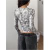 image:imageGORGLITTER Womens Y2k Camo Print Ruched Tee Top V Neck Long Sleeve Slim T ShirtsGrey Camo