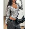 image:imageGORGLITTER Womens Y2k Camo Print Ruched Tee Top V Neck Long Sleeve Slim T ShirtsGrey Camo