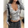 image:imageGORGLITTER Womens Y2k Camo Print Ruched Tee Top V Neck Long Sleeve Slim T ShirtsGrey Camo