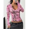 image:imageGORGLITTER Womens Y2k Camo Print Ruched Tee Top V Neck Long Sleeve Slim T ShirtsPink