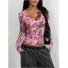 image:imageGORGLITTER Womens Y2k Camo Print Ruched Tee Top V Neck Long Sleeve Slim T ShirtsPink