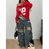 image:imageGORGLITTER Womens Y2k Oversized Shirts Letter Graphic Jersey V Neck Mesh Streetwear Going Out Tee TopsRed