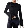 image:imageGORGLITTER Womens Bell Sleeve Tops Dressy Old Money Clothes Ruched Long Sleeve Turtleneck Fitted Shirt Business CasualSolid Black