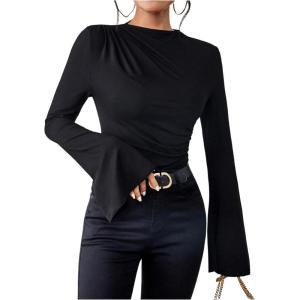 image:imageGORGLITTER Womens Bell Sleeve Tops Dressy Old Money Clothes Ruched Long Sleeve Turtleneck Fitted Shirt Business CasualSolid Black