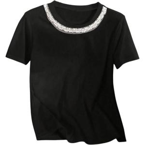 image:imageGORGLITTER Womens Pearl Beaded Top Dressy Short Sleeve T Shirts Crew Neck Summer Causal Tee Tops TrendyBlack