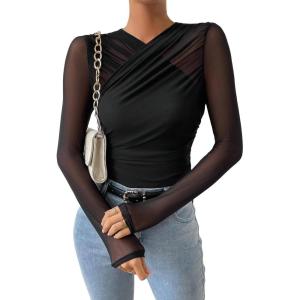 image:imageGORGLITTER Womens Sheer Mesh Long Sleeve Top See Throuogh Ruched Criss Cross Tees Shirts Going Out TopsBlack