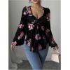 image:imageGORGLITTER Womens Floral Bell Sleeve Tops 70s Tie Front V Neck Ruffle Peplum Blouse Top Spring Party Babydoll ShirtBlack