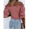 image:imageGORGLITTER Womens Gingham Off The Shoulder Tops Puff Sleeve Ruffle Crop T Shirt Button Up Blouses Summer OutfitsRed