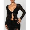 image:imageGORGLITTER Womens Lace Tie Front Tops Ruffle Long Sleeve See Through Crop Top Shirt Sexy Sheer Mesh BlouseBlack