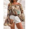image:imageGORGLITTER Womens Off The Shoulder Bell Long Sleeve Top Allover Print Blouse ShirtsBrown