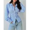 image:imageGORGLITTER Womens Striped Cinched Waist Tops Dressy Long Sleeve Button Up Shirt Lace Up Back Collared Casual BlousesBlue and White