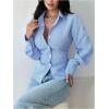 image:imageGORGLITTER Womens Striped Cinched Waist Tops Dressy Long Sleeve Button Up Shirt Lace Up Back Collared Casual BlousesBlue and White