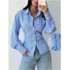 image:imageGORGLITTER Womens Striped Cinched Waist Tops Dressy Long Sleeve Button Up Shirt Lace Up Back Collared Casual BlousesBlue and White