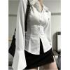 image:imageGORGLITTER Womens Y2k Tight Button Up Shirt Flounce Long Sleeve Lace up Collared Business Casual Dressy Blouse TopsWhite