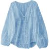 image:imageGORGLITTER Womens Boho Peasant Blouses Floral Embroidered Tops Summer Sheer Tie Front Flowy Long Sleeve Button Up ShirtsBlue Floral