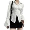 image:imageGORGLITTER Womens Y2k Tight Button Up Shirt Flounce Long Sleeve Lace up Collared Business Casual Dressy Blouse TopsWhite