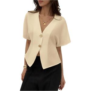 image:imageGORGLITTER Womens Dolman Short Sleeve Button Up Shirt Blouses Dressy Casual V Neck Office Business Casual Work TopsApricot