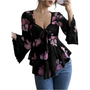 image:imageGORGLITTER Womens Floral Bell Sleeve Tops 70s Tie Front V Neck Ruffle Peplum Blouse Top Spring Party Babydoll ShirtBlack