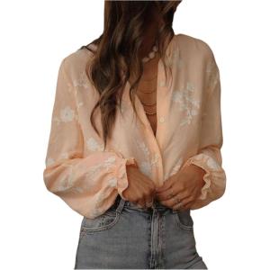image:imageGORGLITTER Womens Floral Embroidered Boho Top Sheer Peasant Blouses Bishop Long Sleeve Button Down Shirts Dressy CasualApricot