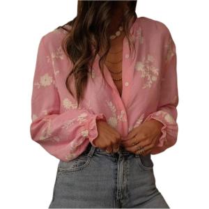 image:imageGORGLITTER Womens Floral Embroidered Boho Top Sheer Peasant Blouses Bishop Long Sleeve Button Down Shirts Dressy CasualPink