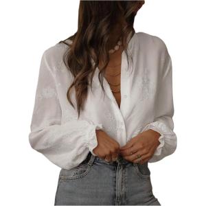 image:imageGORGLITTER Womens Floral Embroidered Boho Top Sheer Peasant Blouses Bishop Long Sleeve Button Down Shirts Dressy CasualWhite