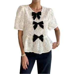 image:imageGORGLITTER Womens Floral Peplum Tops Bow Sheer Short Sleeve Ruffle Blouses Cute Babydoll Tops Summer Going Out OutfitsApricot