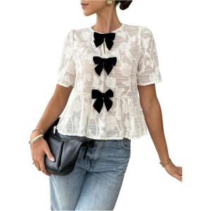 image:imageGORGLITTER Womens Floral Peplum Tops Bow Sheer Short Sleeve Ruffle Blouses Cute Babydoll Tops Summer Going Out OutfitsBeige