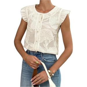 image:imageGORGLITTER Womens Flower Button Up Vintage Eyelet Blouse Dressy Casual Sleeveless Boho Cute Embroidered Western TopsApricot