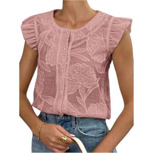 image:imageGORGLITTER Womens Flower Button Up Vintage Eyelet Blouse Dressy Casual Sleeveless Boho Cute Embroidered Western TopsDusty Pink