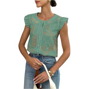 image:imageGORGLITTER Womens Flower Button Up Vintage Eyelet Blouse Dressy Casual Sleeveless Boho Cute Embroidered Western TopsGreen