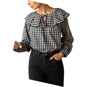 image:imageGORGLITTER Womens Gingham Doll Collar Blouse Tie Front Long Sleeve Dressy Business Casual Plaid Shirts Renaissance TopBlack and White