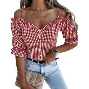 image:imageGORGLITTER Womens Gingham Off The Shoulder Tops Puff Sleeve Ruffle Crop T Shirt Button Up Blouses Summer OutfitsRed
