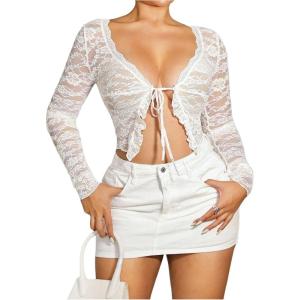 image:imageGORGLITTER Womens Lace Tie Front Tops Ruffle Long Sleeve See Through Crop Top Shirt Sexy Sheer Mesh BlouseWhite