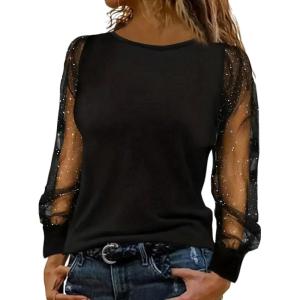 image:imageGORGLITTER Womens Long Sleeve Sequin Top Glitter Sheer Mesh Crew Neck Elegant Dressy Party Blouse ShirtBlack