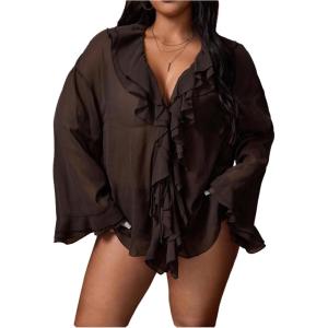 image:imageGORGLITTER Womens Plus Size Bell Sleeve Tie Front Top Ruffle Mesh Sheer Going Out BlouseBrown