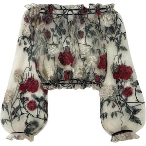image:imageGORGLITTER Womens Plus Size Floral Embroidered Off The Shoulder Tops Mesh Sheer Bishop Sleeve Blouse Dressy Crop TopFloral Beige