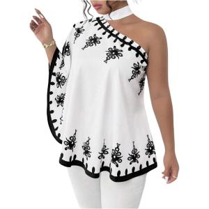 image:imageGORGLITTER Womens Plus Size Tops Boho Poncho Floral One Shoulder Asymmetrical 34 Dolman Sleeve Blouse Shirt TopsWhite