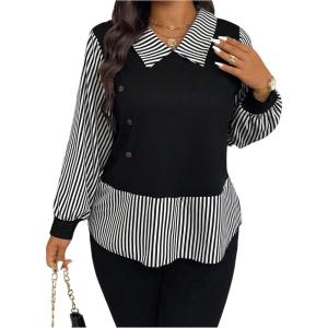 image:imageGORGLITTER Womens Plus Size Tops Casual Long Sleeve Baby Doll Tops Ruffle Hem Striped 2 in 1 Collared Peplum TopsBlack and White