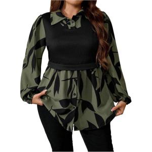 image:imageGORGLITTER Womens Plus Size Tops Peplum Baby Doll Shirts Long Sleeve Collar Dressy Casual Button Down Fall Tops BlouseArmy Green