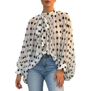 image:imageGORGLITTER Womens Polka Dots Sheer Tops Mesh Flowy Long Sleeve Blouses Vintage Tie Neck Chiffon Shirts Vacation OutfitsBlack and White