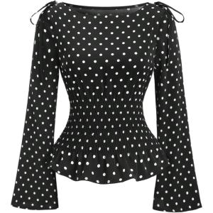 image:imageGORGLITTER Womens Polka Dots Top Blouse Bow Long Sleeve Boat Neck Smocked Waist Vintage Peplum ShirtBlack