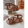 image:imageGORGLITTER Girls Leather Ankle Strap Flat Sandals Dressy Braided Round Open Toe Summer Vacation Beach Cute Sandals 2025Solid Brown Braided