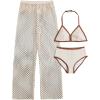 image:imageGORGLITTER Girls 3 Piece Swimsuits Contrast Binding Halter Triangle Bikini with Crochet Cover Up PantsWhite