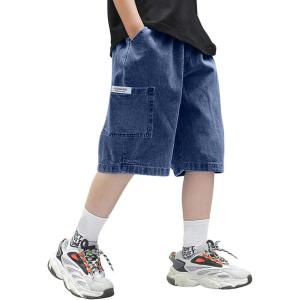 image:imageGORGLITTER Boys Jean Shorts Elastic Waist Wide Leg Denim Shorts Casual Cool Cargo JortsDark Wash