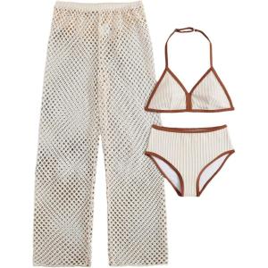 image:imageGORGLITTER Girls 3 Piece Swimsuits Contrast Binding Halter Triangle Bikini with Crochet Cover Up PantsWhite