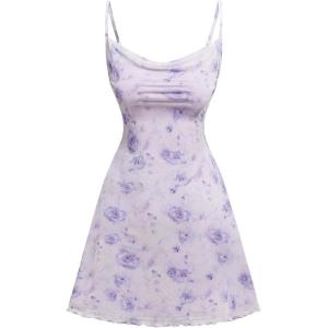 image:imageGORGLITTER Girls Cute Coquette Dresses Floral Printed Mesh Sleeveless Cowl Neck Strappy Summer Mini Short DressesPurple