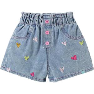 image:imageGORGLITTER Girls Cutet Jean Shorts Heart Print Elastic High Waisted Summer Beach Vacation Denim Shorts 2025Light Wash